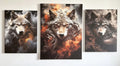 A three-panel canvas wall art set featuring detailed digital illustrations of wolves with fiery and smoky effects, displayed on a white wall.