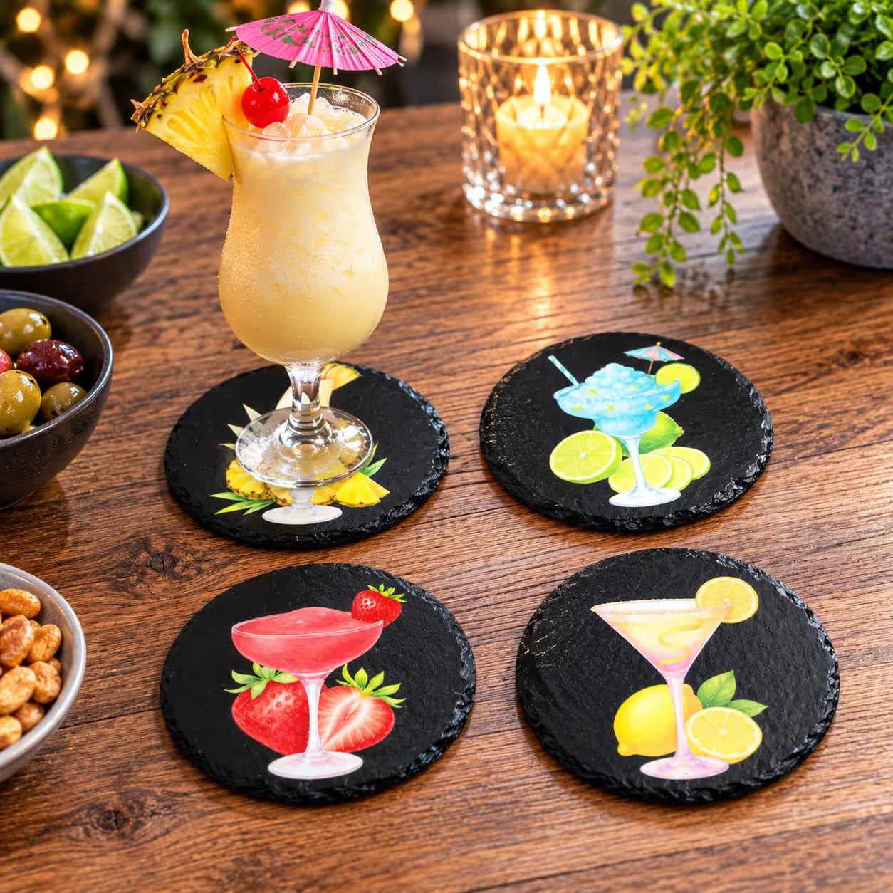 Set of 4 Slate Coasters with Stylish Cocktail Artwork - UV & LASER CREATIONS