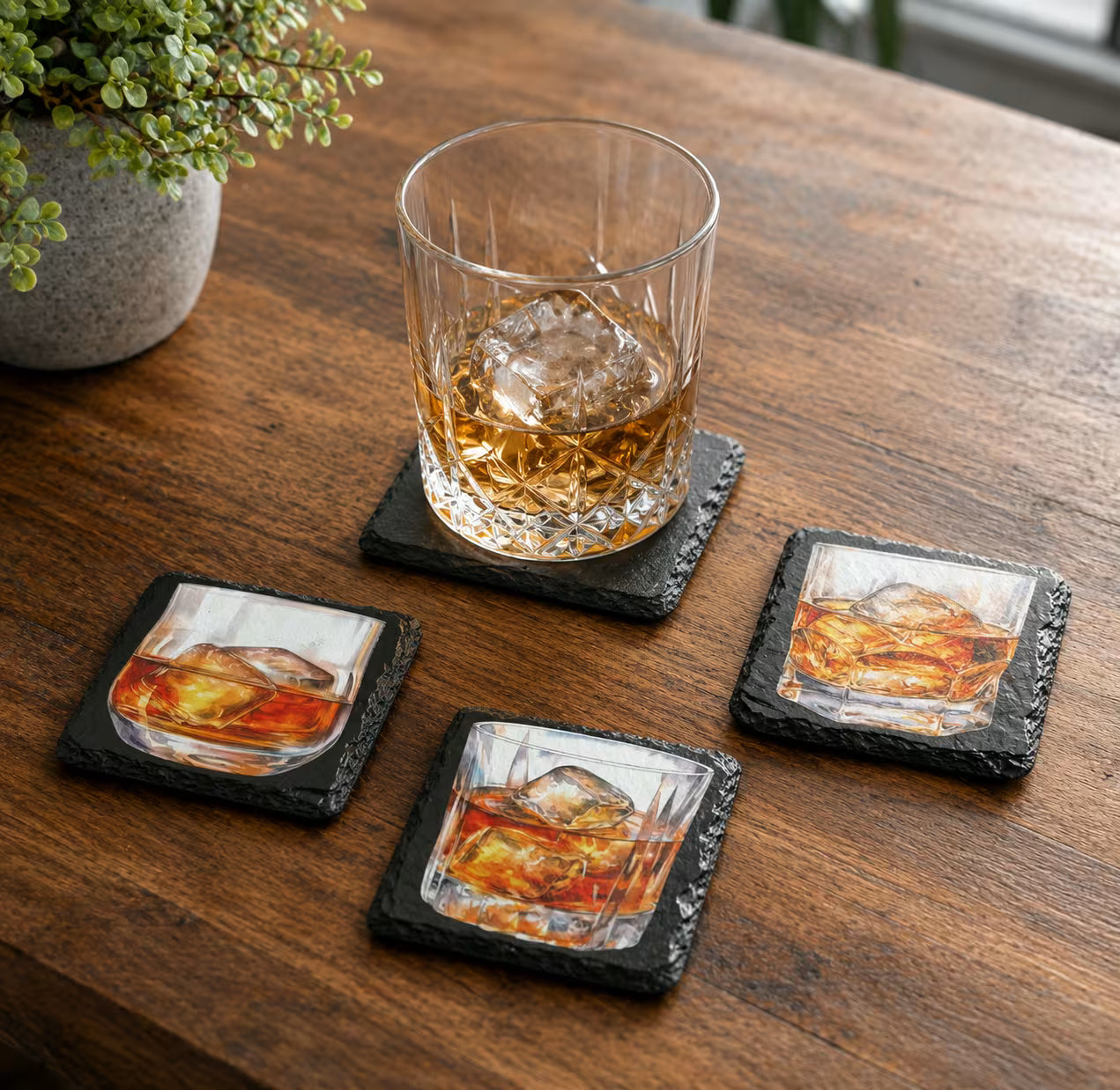 Set of 4 slate coasters with unique whiskey designs - UV & LASER CREATIONS