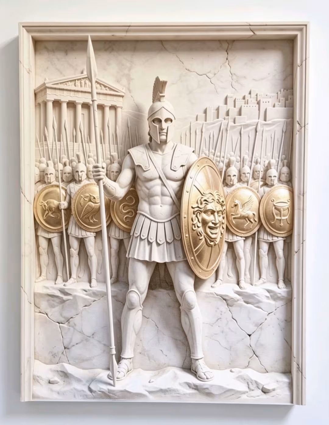 A framed 3D relief sculpture depicting a classical Spartan warrior holding a spear and shield, with other soldiers and a temple in the background, rendered in warm beige and gold tones.