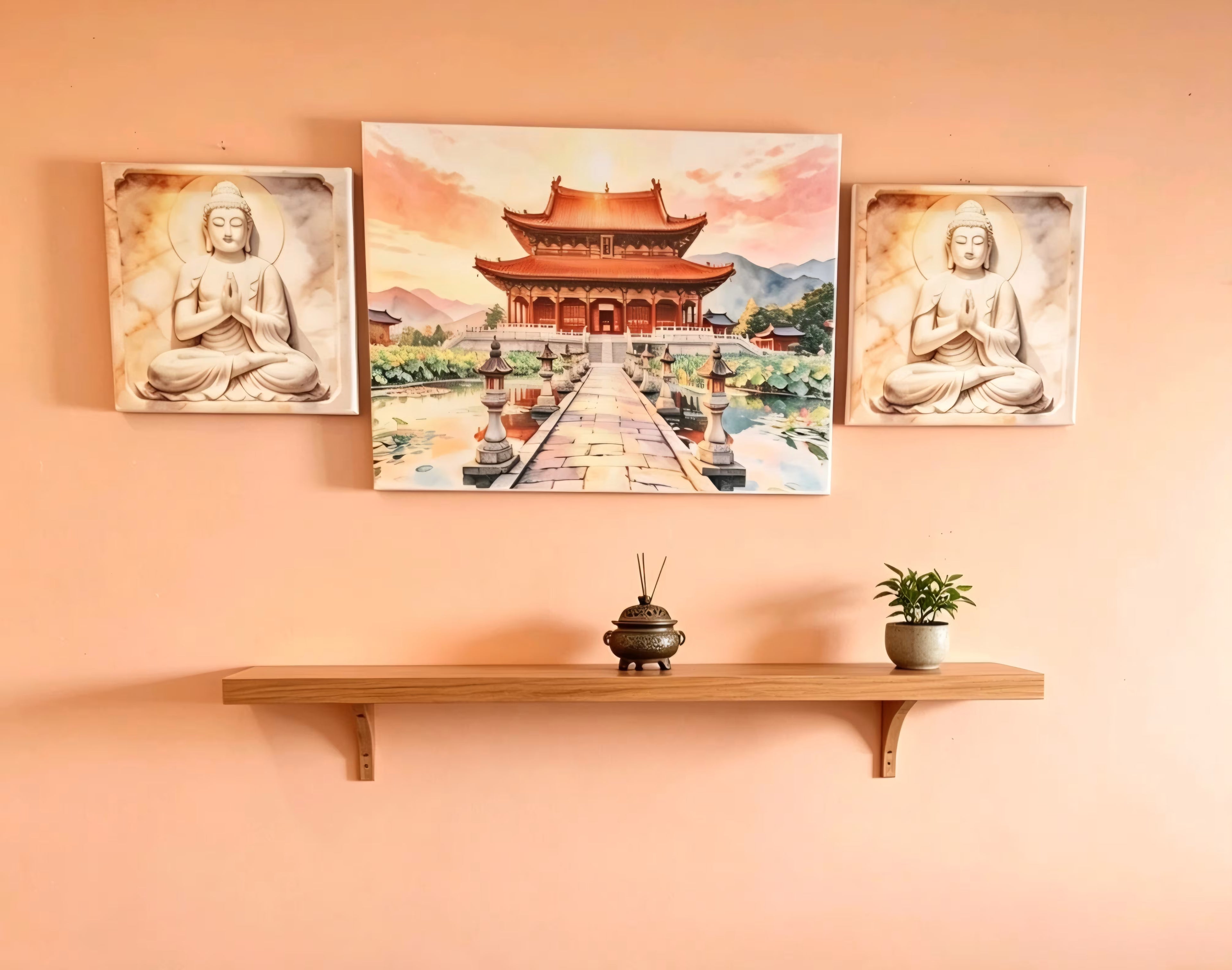 A wall-mounted wooden shelf in a peach-colored room displays a three-piece Buddha wall art set: a central painting of a traditional temple courtyard and a pair of matching square prints showing seated Buddha figures.