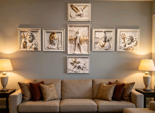 A styled living room featuring a set of seven classical relief sculptures in white frames mounted on a gray wall above a beige sofa with decorative pillows, flanked by two lit table lamps.