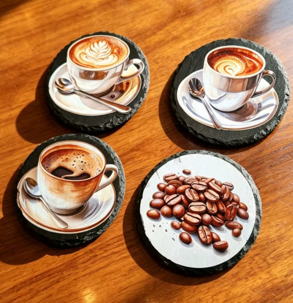 Round Slate Coaster Set for Coffee Lovers - UV & LASER CREATIONS