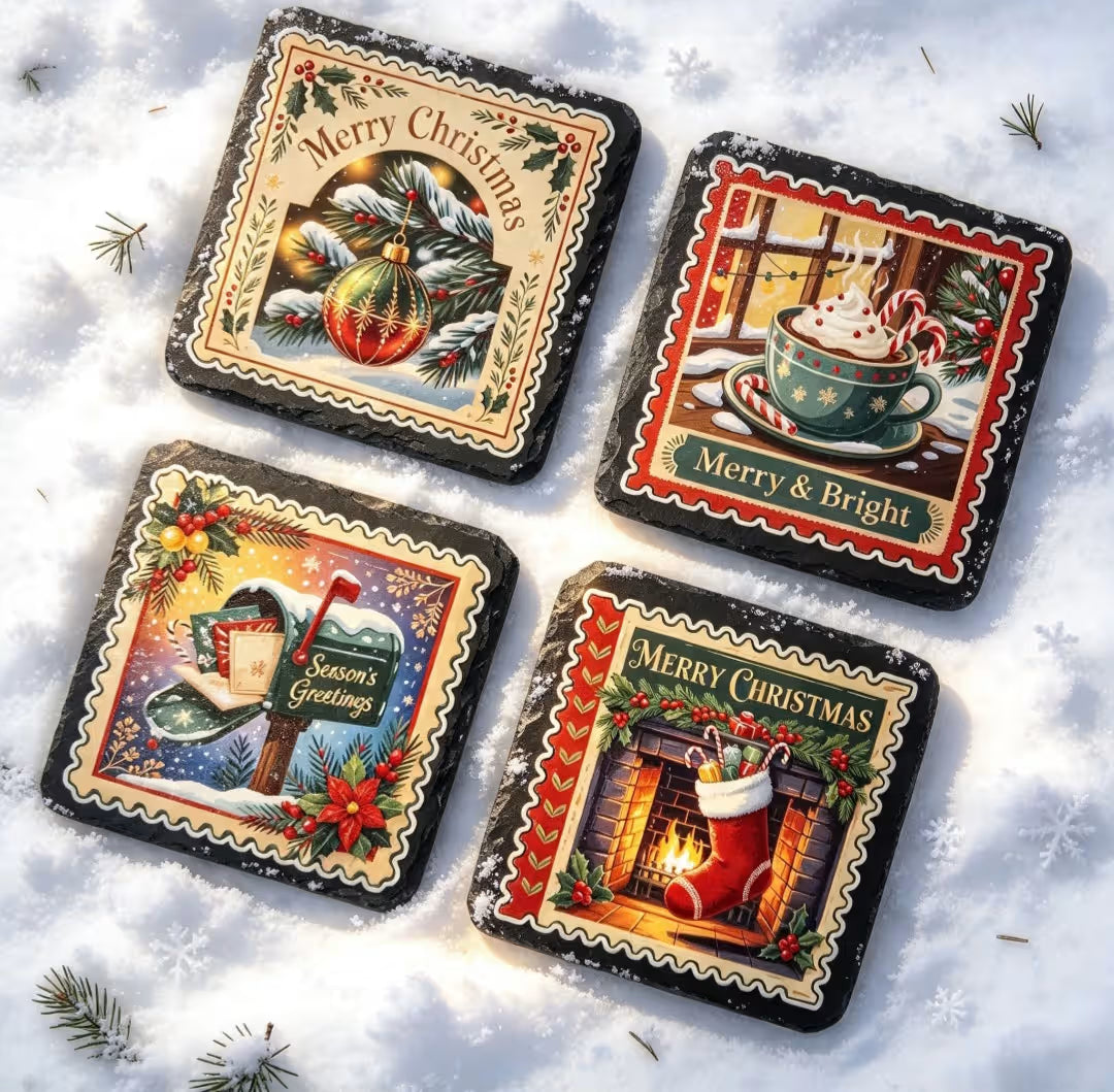 Holiday Slate Coaster Sets for Christmas Decor - UV & LASER CREATIONS