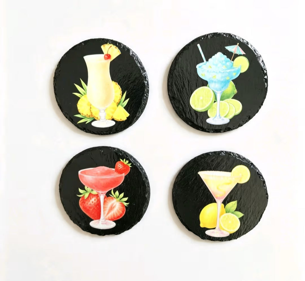 Set of 4 Slate Coasters with Stylish Cocktail Artwork - UV & LASER CREATIONS