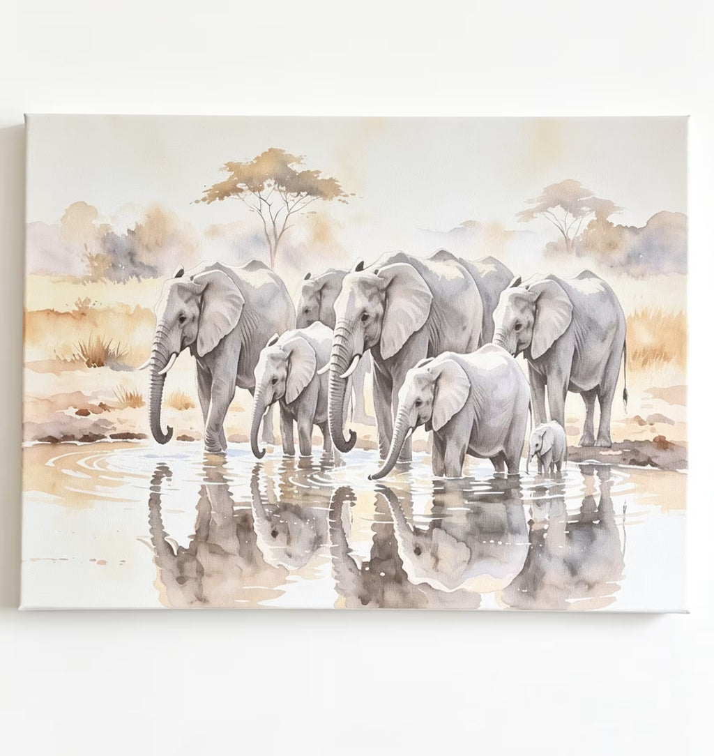 A watercolor-style wall art print showing a herd of elephants standing in shallow water with tree silhouettes in the background, displayed against a plain light wall.