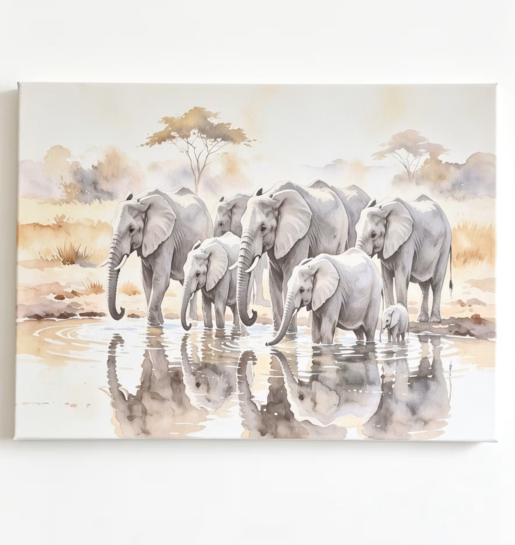 A watercolor-style wall art print showing a herd of elephants standing in shallow water with tree silhouettes in the background, displayed against a plain light wall.