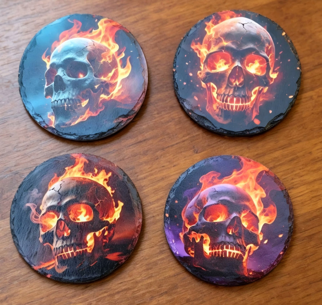 Flaming Skull Slate- Coasters - Set of 4 - UV & LASER CREATIONS