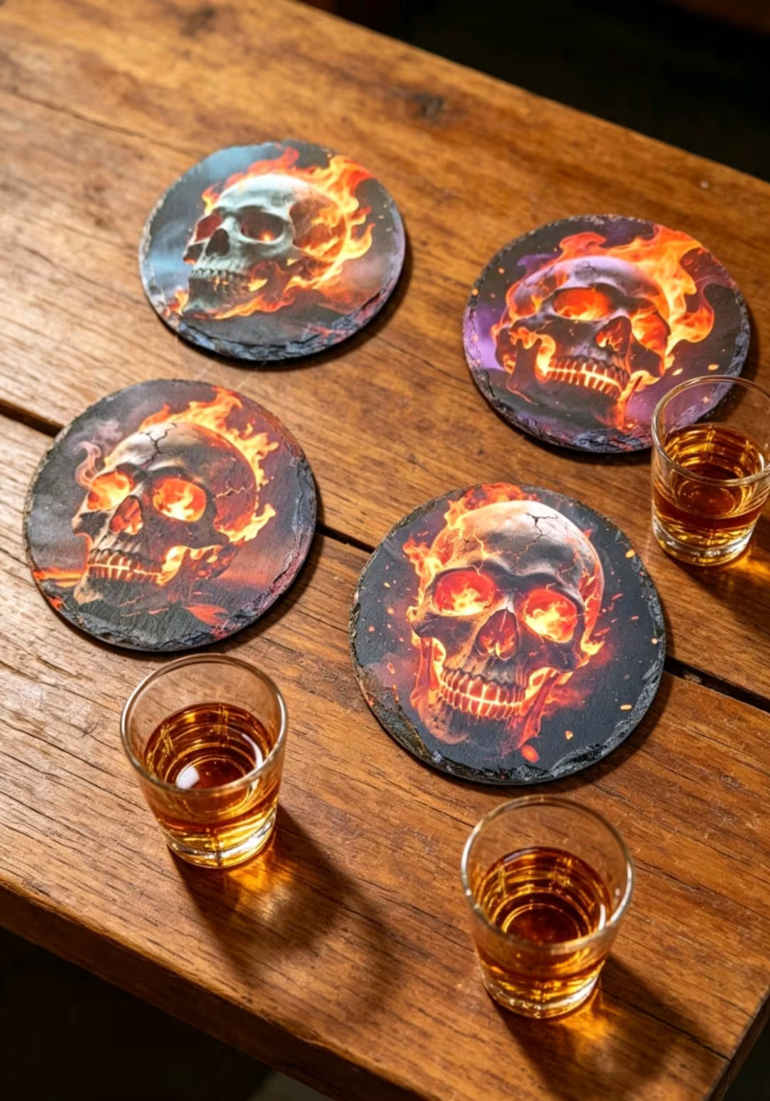 Flaming Skull Slate- Coasters - Set of 4 - UV & LASER CREATIONS