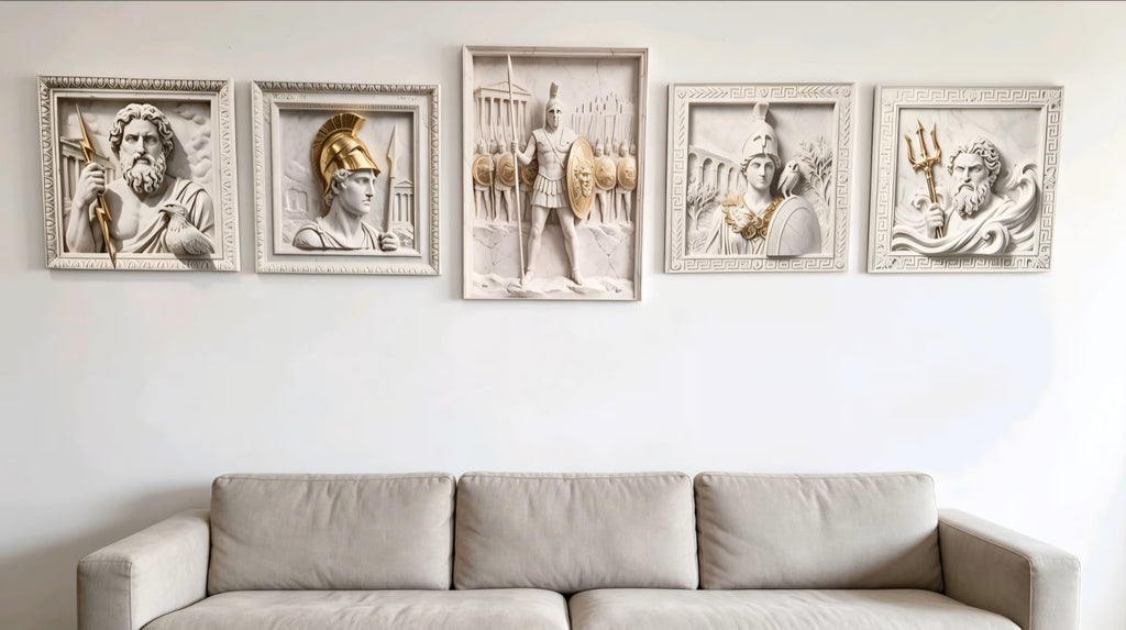 Five framed classical relief sculptures depicting ancient Greek or Roman figures and scenes, displayed on a white wall above a light beige fabric sofa.