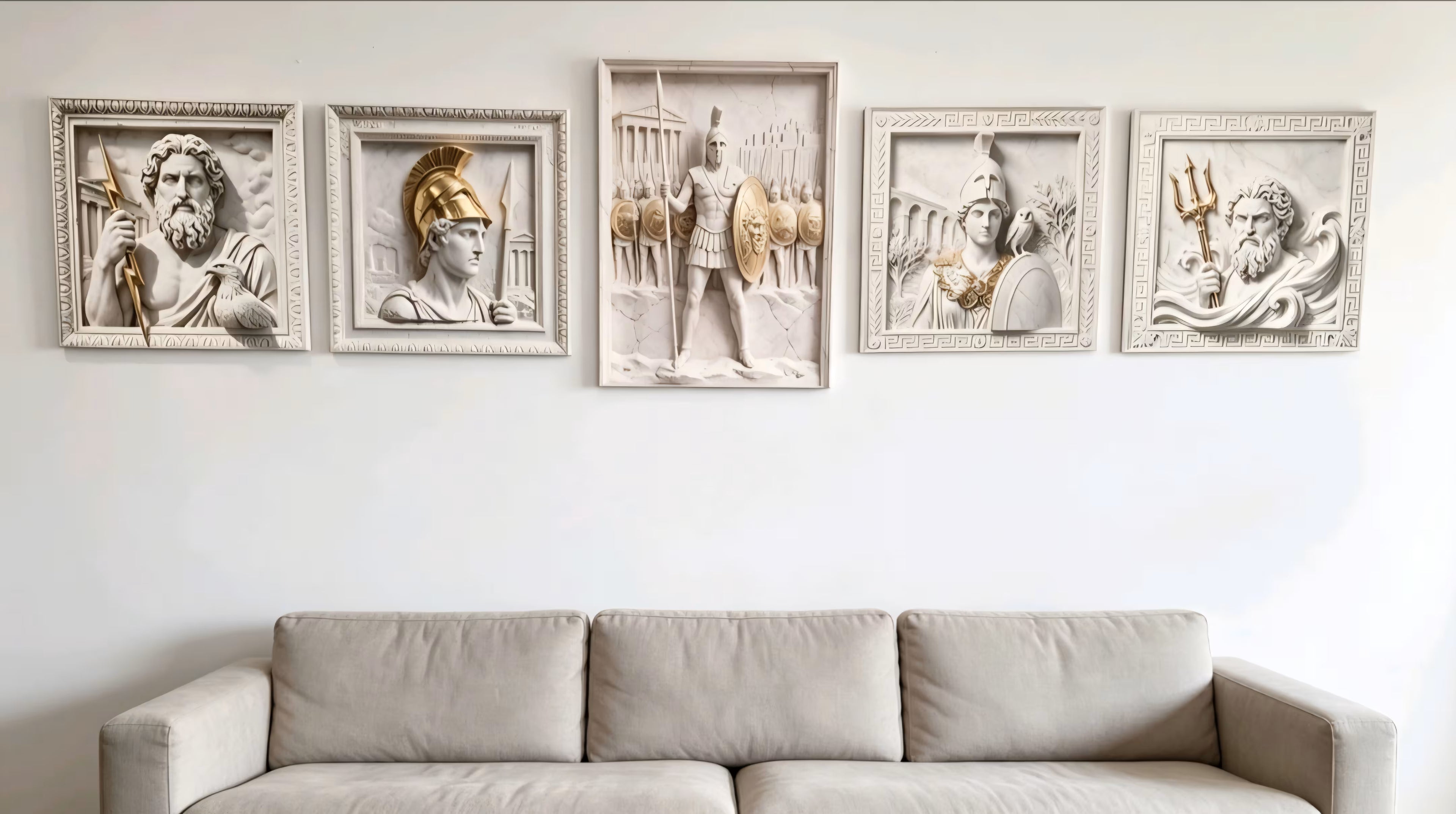 Five framed classical relief sculptures depicting ancient Greek or Roman figures and scenes, displayed on a white wall above a light beige fabric sofa.