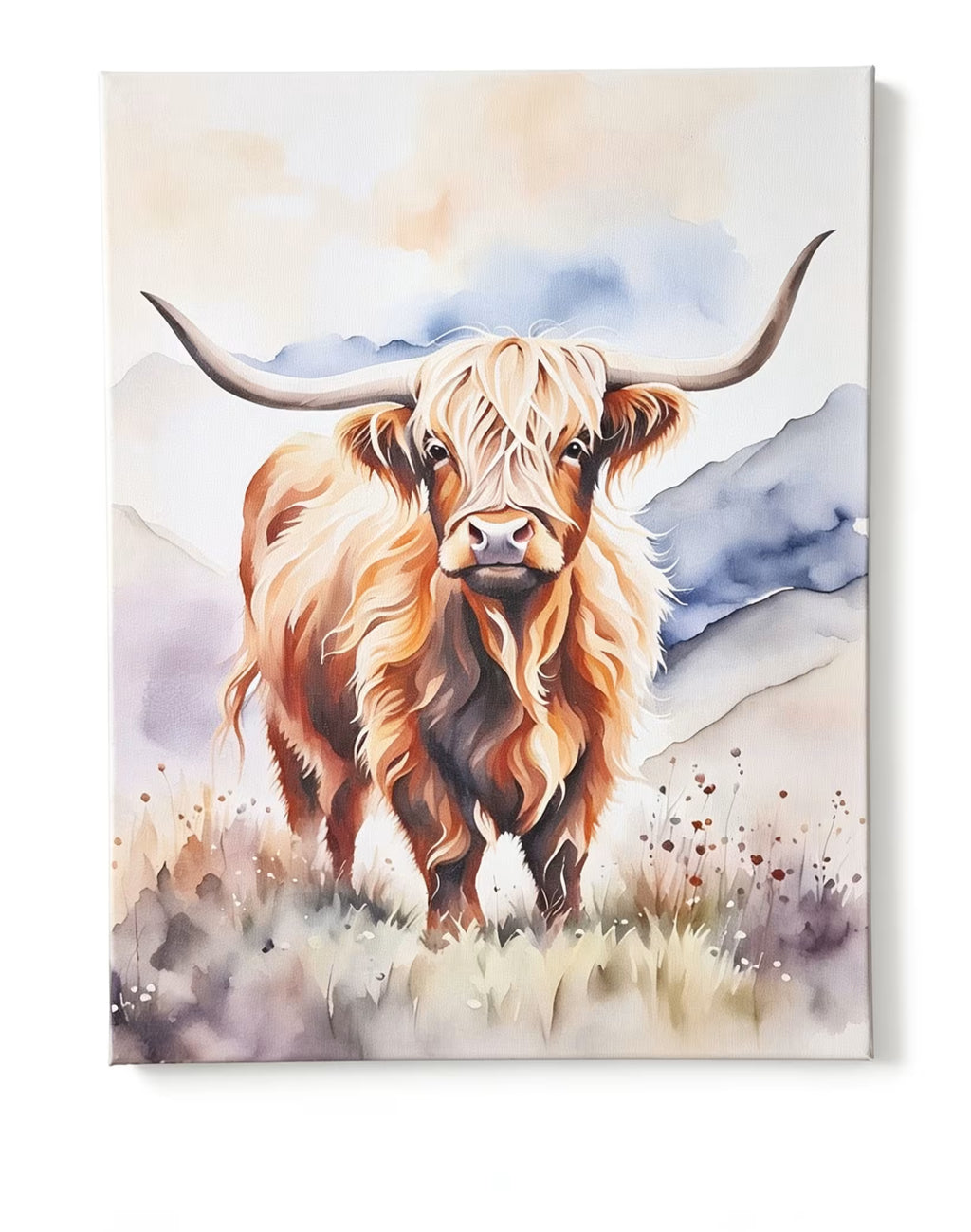 A vertical watercolor-style art print depicting a shaggy Highland cow with long curved horns standing in a grassy field with soft blue mountains in the background.