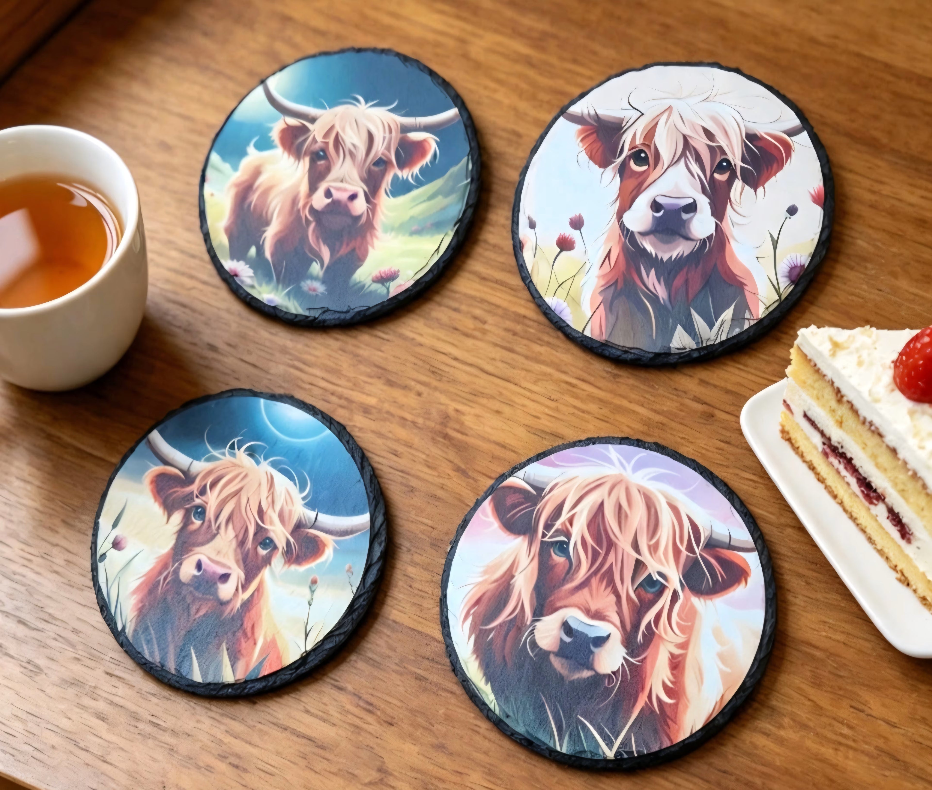 Highland Cow Coasters Set - 4-Piece Pack - UV & LASER CREATIONS