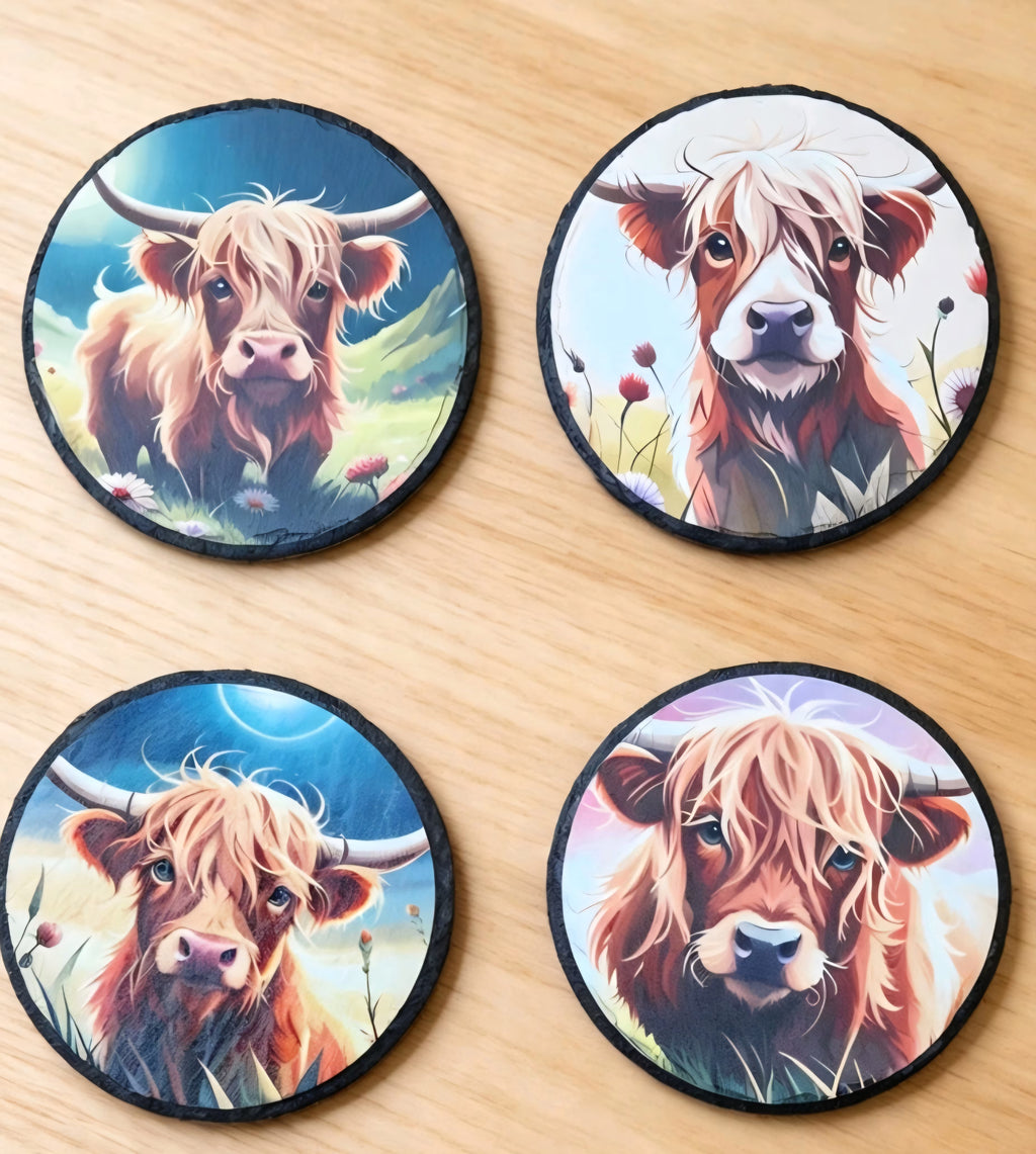Highland Cow Coasters Set - 4-Piece Pack - UV & LASER CREATIONS