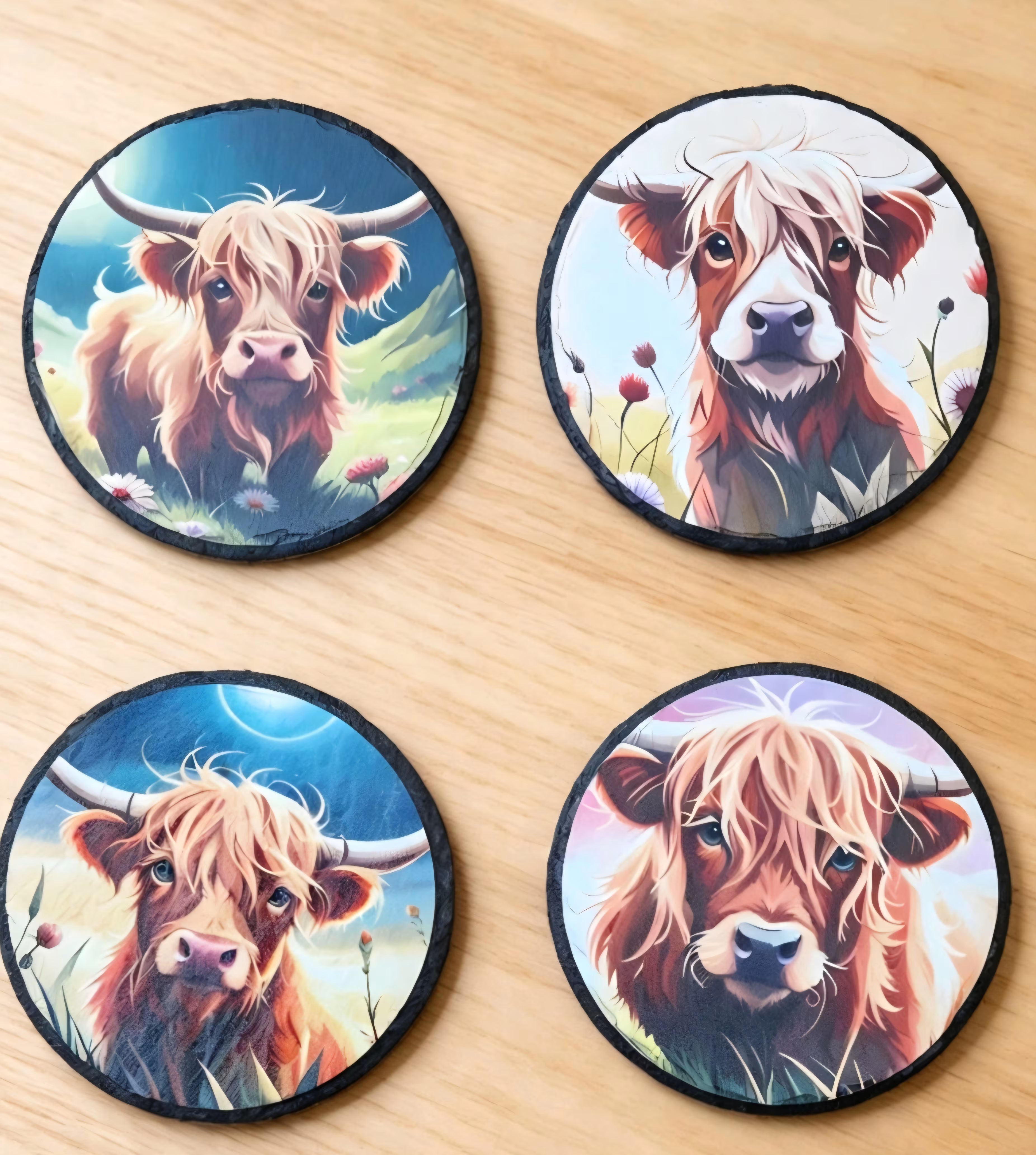 Highland Cow Coasters Set - 4-Piece Pack - UV & LASER CREATIONS