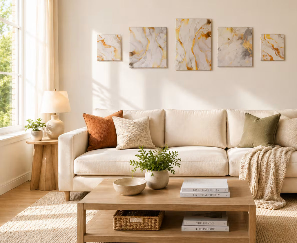 A styled living room featuring a canvas set of five vertical marble art prints with gold veining, displayed in a row on a warm beige wall above a cream-colored sofa.