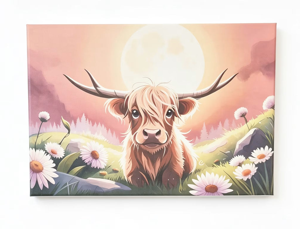 A rectangular canvas wall art print featuring a stylized Highland cow in a grassy field with daisies under a large pale moon, shown against a plain white background.