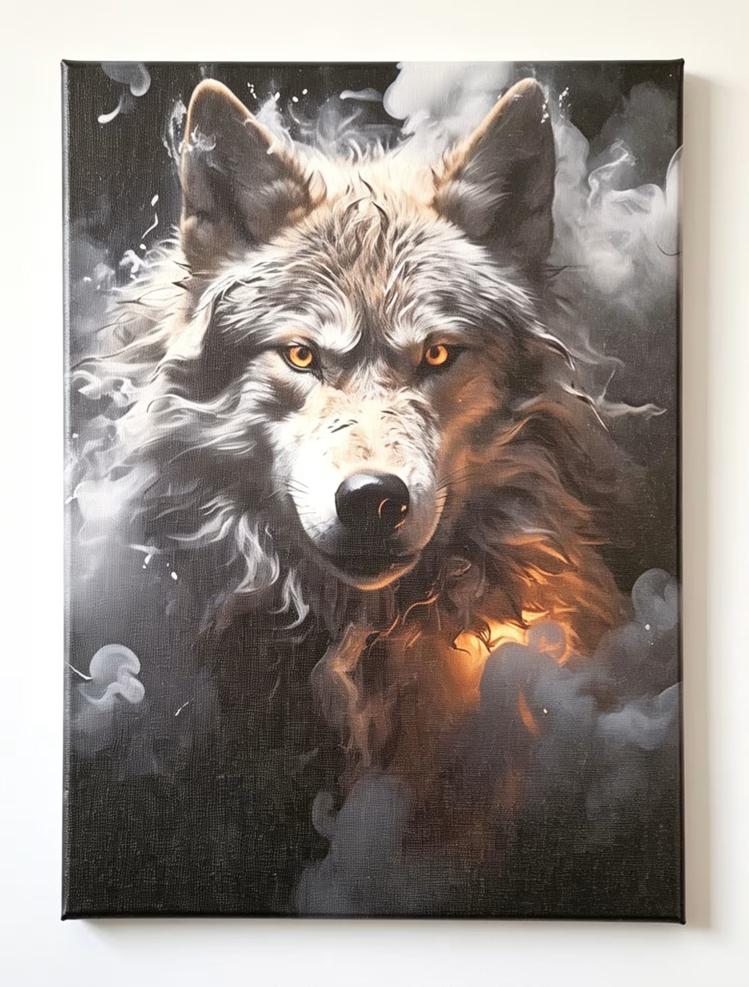 A square canvas painting of a wolf's head with glowing amber eyes, surrounded by dark smoke and a warm orange glow near the lower right, shown against a plain light background.