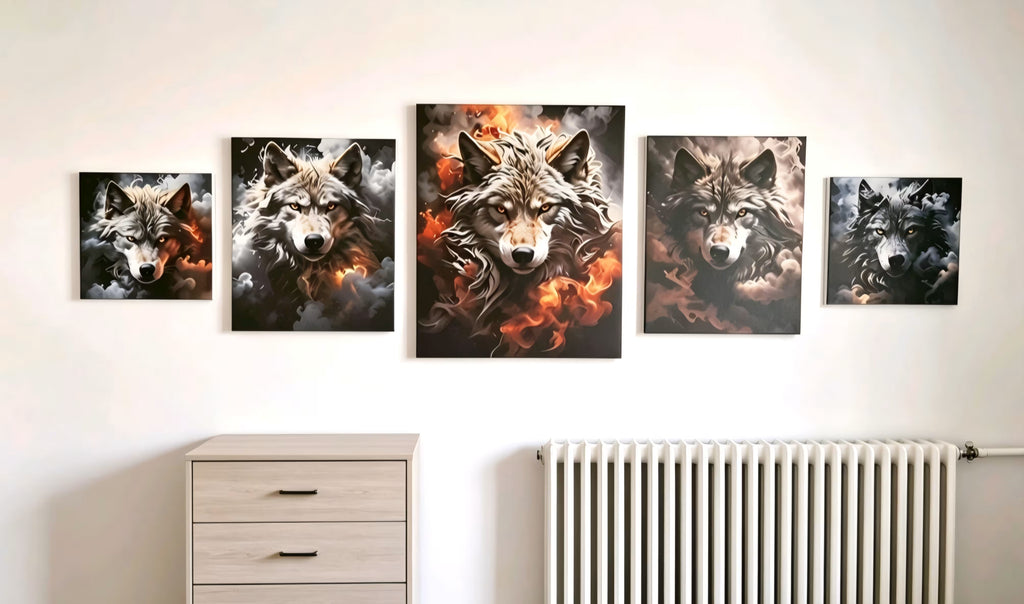 A set of five wolf art prints displayed in a row on a white wall above a light wood dresser and a white radiator. The prints feature highly detailed, dramatic wolf portraits with fiery orange and black tones.