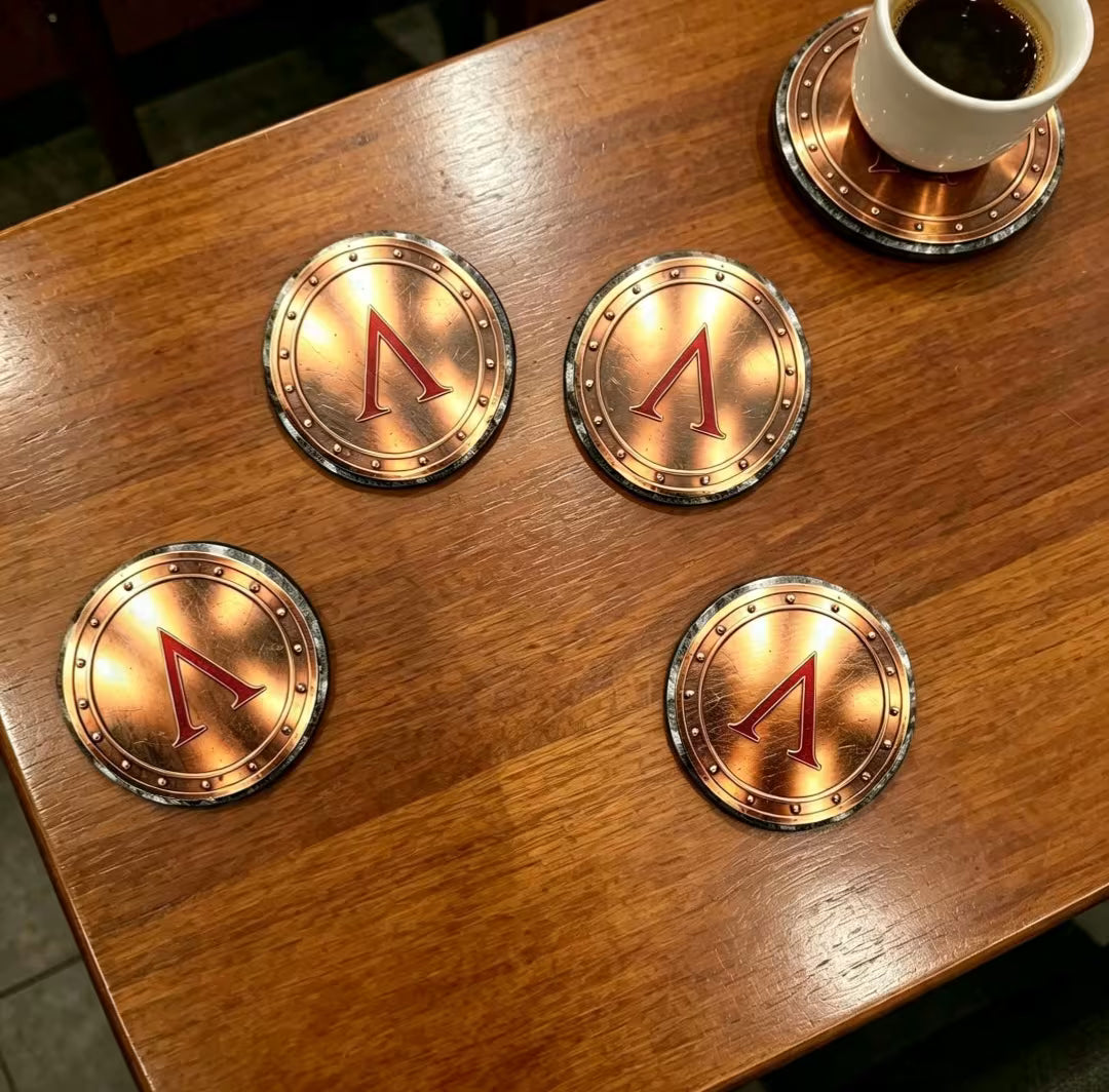 4-Piece Round Spartan Shield Slate Coaster Set - UV & LASER CREATIONS
