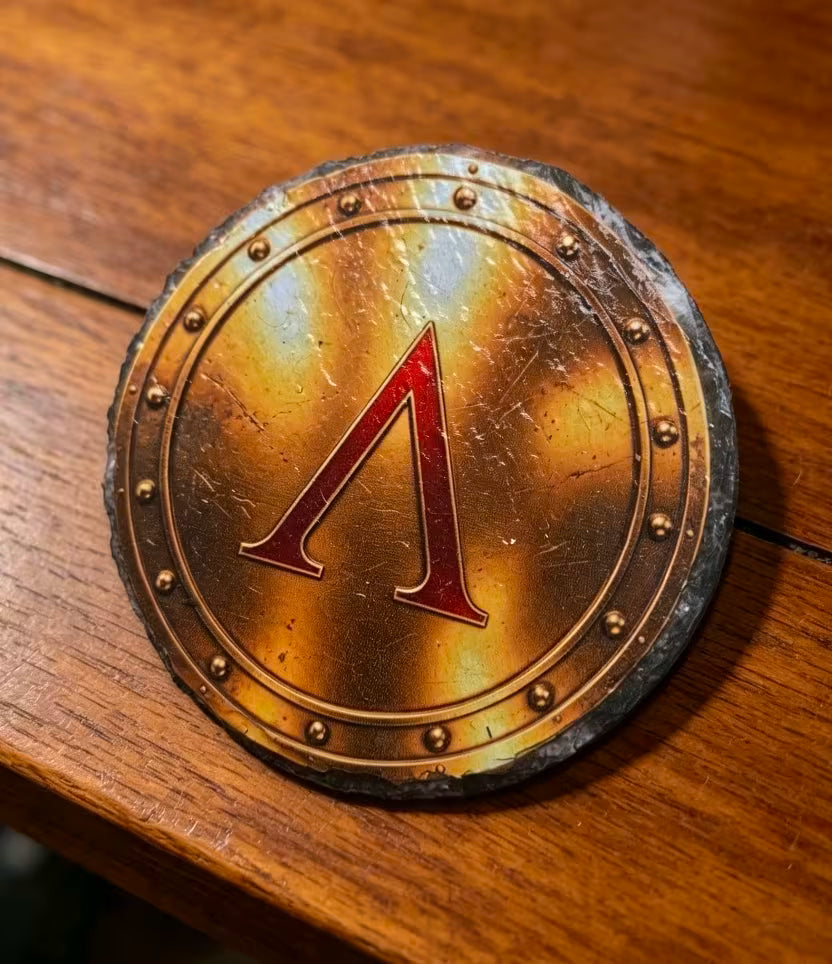 4-Piece Round Spartan Shield Slate Coaster Set - UV & LASER CREATIONS