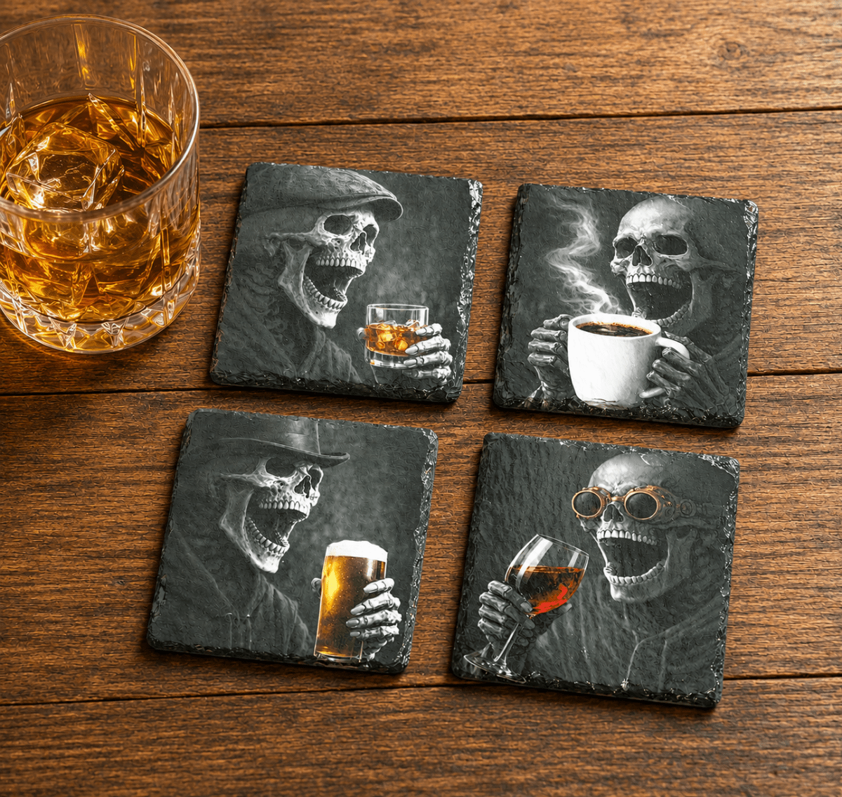 Skull Slate Whiskey Coasters Set of 4 - UV & LASER CREATIONS