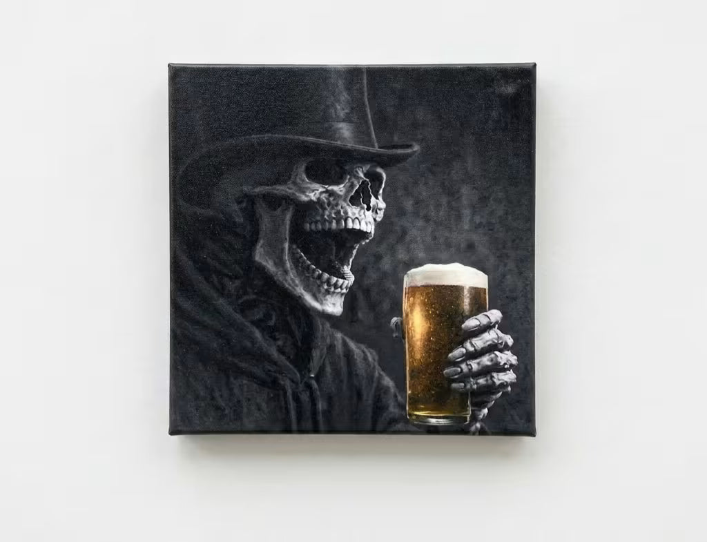 A square canvas wall art print featuring a skeletal figure in a dark hat and coat holding a frothy pint of beer, shown against a plain light background.