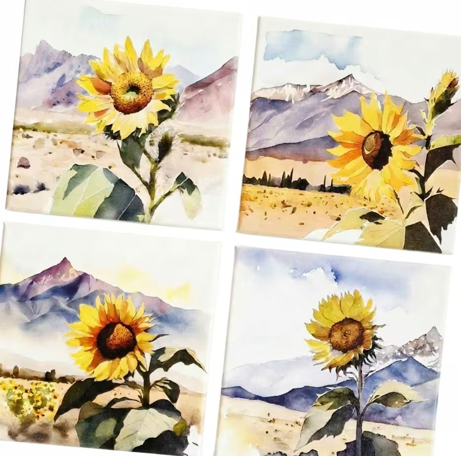 Four square watercolor art prints arranged in a 2x2 grid, each featuring a large yellow sunflower in front of soft blue and purple mountains.