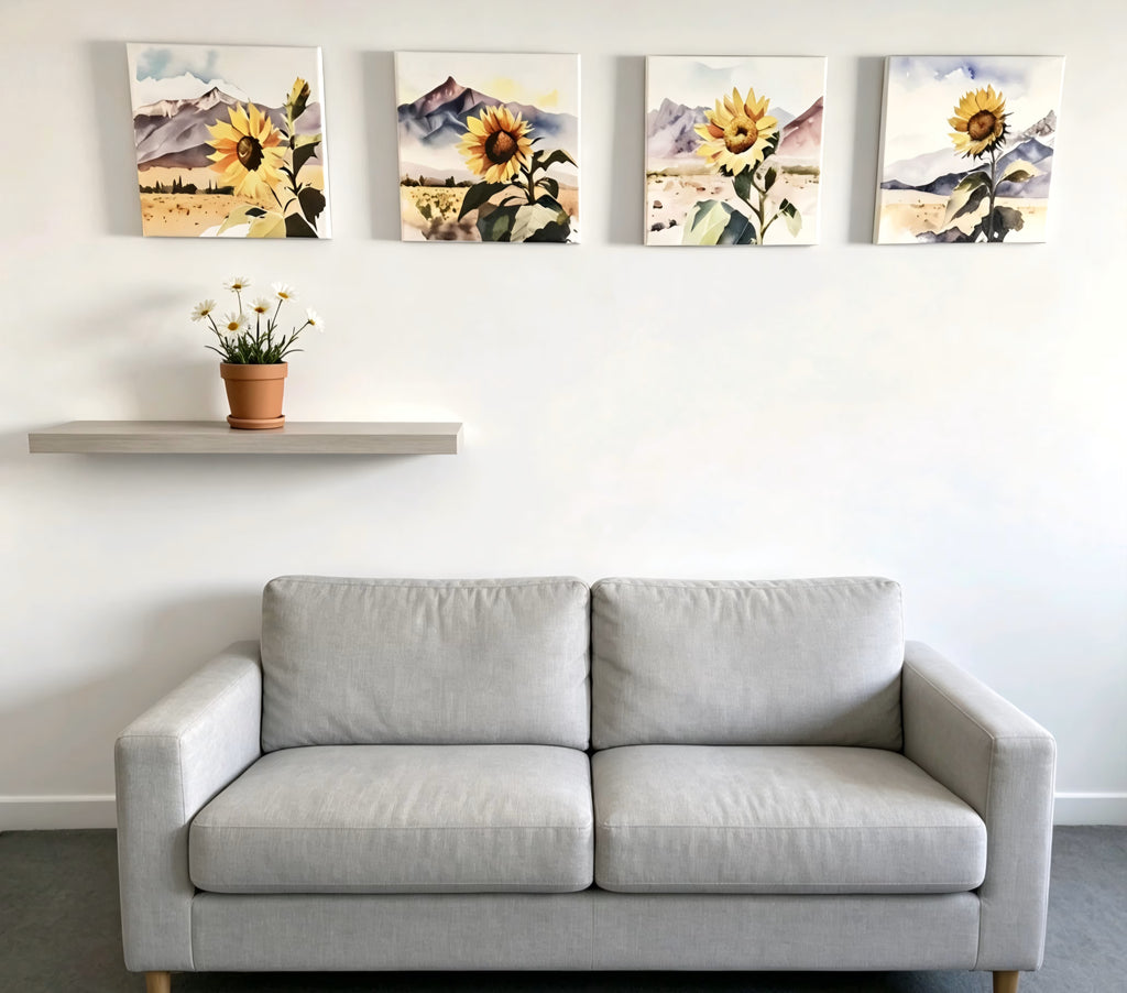 Four square watercolor art prints arranged in a 2x2 grid, each featuring a large yellow sunflower in front of soft blue and purple 