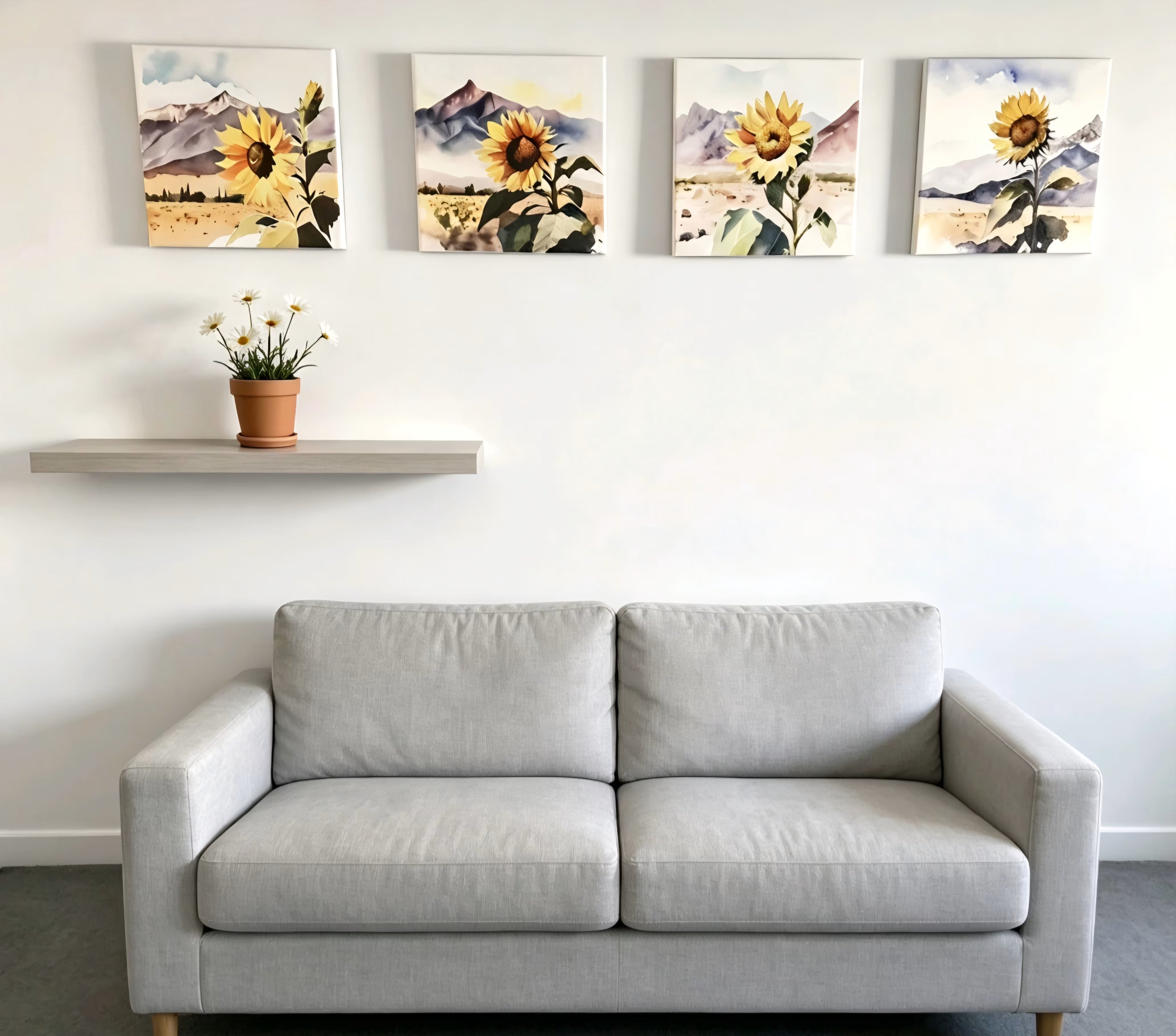 Four square watercolor art prints arranged in a 2x2 grid, each featuring a large yellow sunflower in front of soft blue and purple 