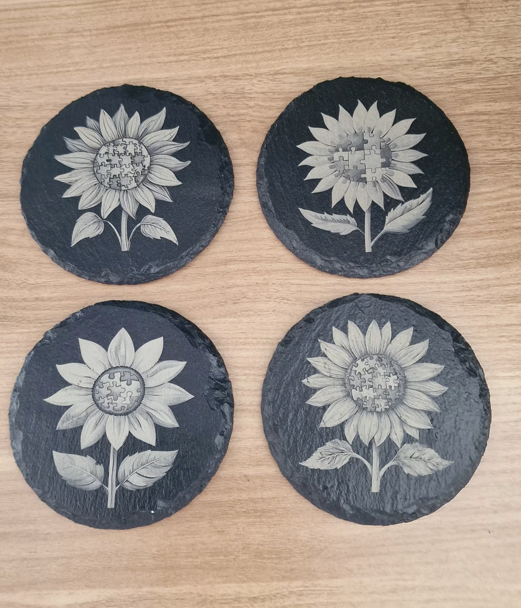 Sunflower Engraved Slate Coasters - Set of 4 - UV & LASER CREATIONS