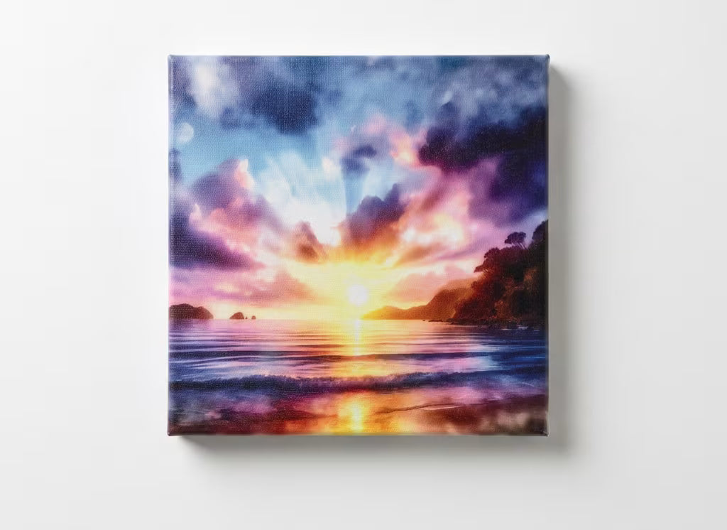 A square canvas wall art print depicting a colorful sunset over an ocean coastline, hanging on a plain white wall.