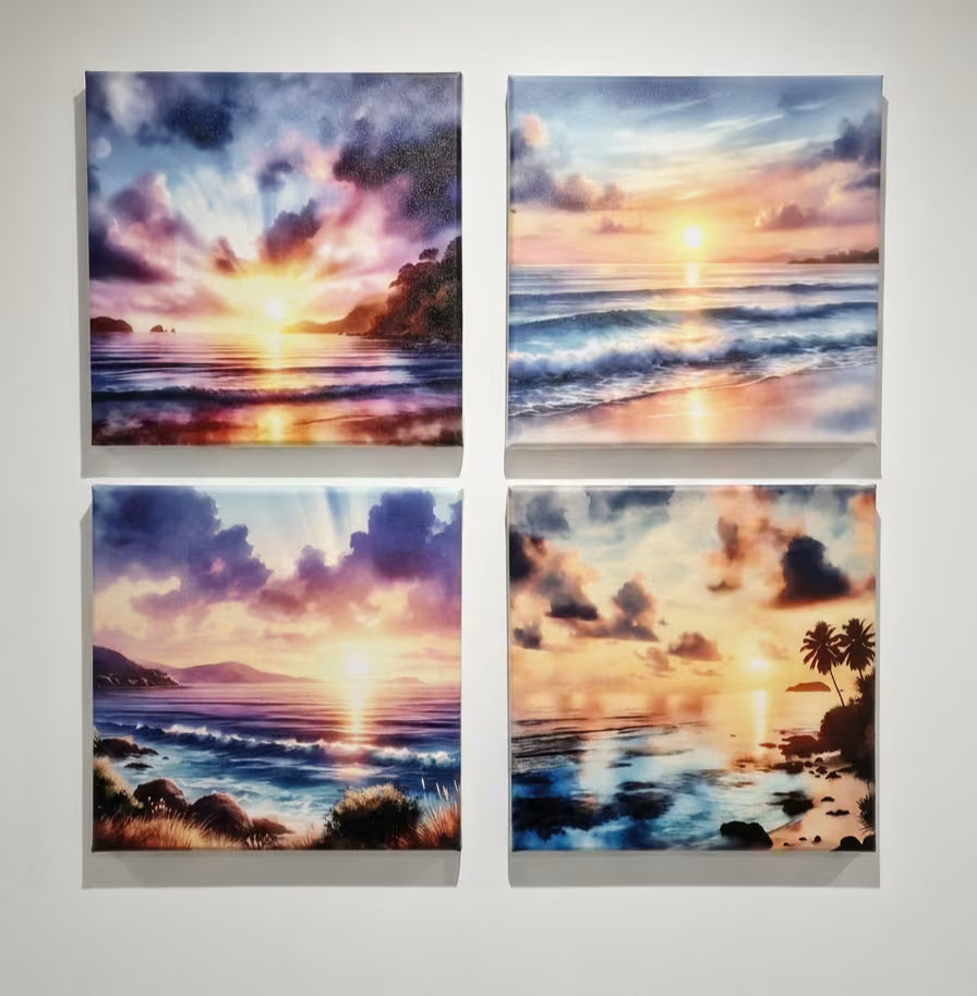 A set of four square canvas wall art prints showing colorful ocean sunsets, arranged in a 2x2 grid on a light gray wall.