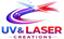 A colorful logo featuring a stylized shooting star and curved streak in red, purple, and blue with stars, above the text 'UV & LASER CREATIONS' on a white background.
