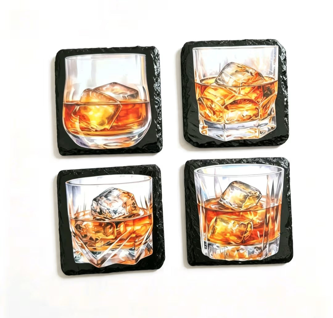 Set of 4 slate coasters with unique whiskey designs - UV & LASER CREATIONS